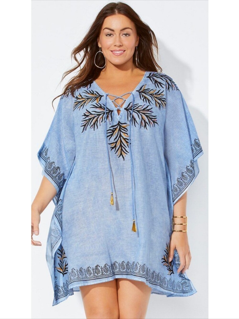 Swimsuits For All Light Blue Swim Cover-up Tunic with Yellow Tassels Size 14/16